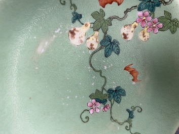 A pair of Chinese famille rose lime green-ground sgraffiato saucer dishes, Qianlong mark and of the period